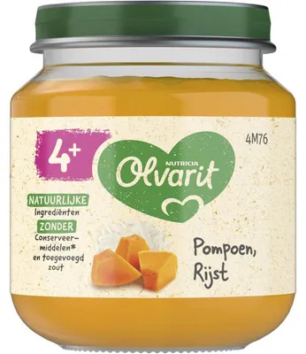 Obrázek produktu pro Olvarit Pompoen Rijst dětská kaše 125g - dýňová rýžová kaše od 4 měsíců, bez lepku, bez cukru