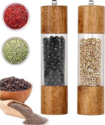 Image de Set de moulins à poivre en bois, moulins de cuisine manuels avec base en céramique pour sel, poivre et épices réutilisables.