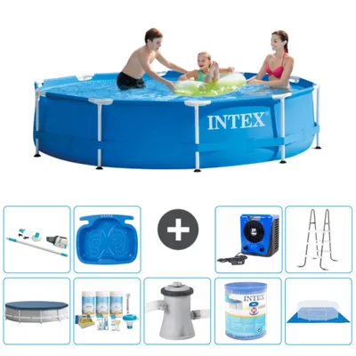 Produktbild von Intex-Schwimmbecken mit rundem Rahmen – 305 x 76 cm – Blau – im Lieferumfang enthalten Abdeckung - Wartungspaket - Filterpumpe für Schwimmbad - Filter - Bodenplane - Staubsauger