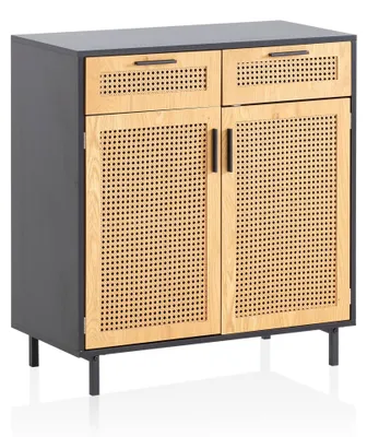 Image de Buffet 80 x 86,5 x 40 cm Noir avec portes en rotin
