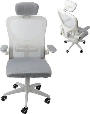Obrázok produktu pre Kancelárska stolička Mesh vysoká chrbát stoličky s bedrovou opierkou 3D opierka hlavy 90 stupňov otočné podrúčky kolieska pohodlné herné stoličky šedá