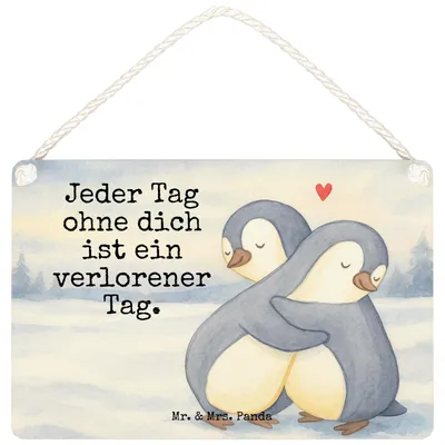 Produktbild von Mr. & Mrs. Panda Schild Pinguine Kuscheln Design DIN A6 - Weiß - Geschenk, für Männer, Valentinstag, Mitbringsel, Wandbild Holz, wandtafel, Jahrestag, Freundin, Türschild