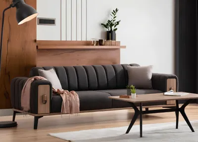Produktbild von Stilvoller Dreisitzer Moderne Wohnzimmermöbel Grau Holzmöbel Couchen