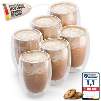 Produktbild von LAPRESO® Latte Macchiato Gläser doppelwandig 6er Set 350ml - Doppelwandige Gläser modernes Design Cappuccino Tassen Teegläser aus Borosilikatglas
