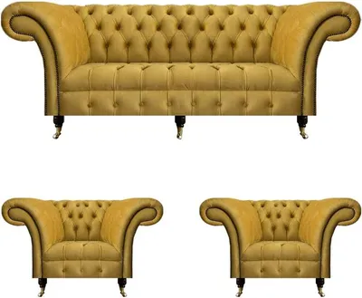 Immagine prodotto di Divano giallo Chesterfield poltrona di design a tre posti 3 pezzi