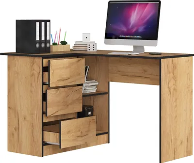 Immagine prodotto di 3xEliving Scrivania LYNNA B16 SINISTRA ROVERE Piccola scrivania angolare con tre cassetti, lato sinistro, dimensioni: altezza: 77 cm, larghezza: 124,5 / 85 cm, profondità: 45 / 48,5 cm