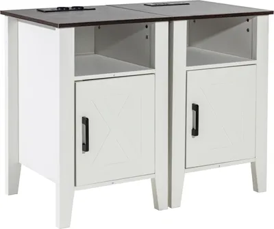 Produktbild von SucceBuy Farmhouse Beistelltisch, 2er-Set, quadratischer Nachttisch mit USB-Anschlüssen und Steckdosen, 3 Ebenen mit Aufbewahrungsschrank und LED-Leuchten, für Wohnzimmer, Schlafzimmer, Büro, weiß