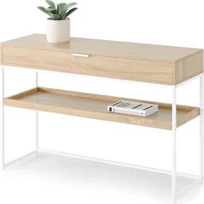 A console table with a shelf and a drawer, displayed against a white background.