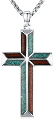 Immagine prodotto di Collana a croce da uomo, realizzata in argento sterling 925, con mosaico in madreperla, opale e malachite. Gioiello religioso, ideale come regalo