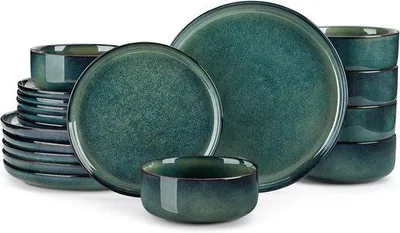Zdjęcie produktu dla Nowoczesny, 18-częściowy ceramiczny zestaw serwetek i talerzy dla 6 osób – zielono-czarna zastawa stołowa