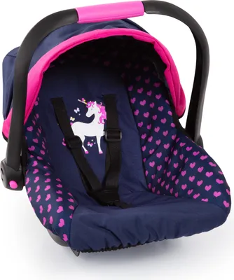 A doll car seat with a unicorn design.