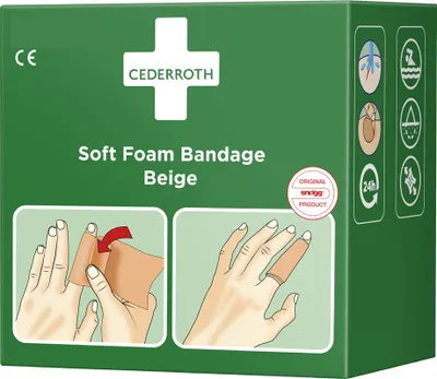 The image shows the packaging of a soft foam bandage.