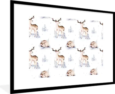 Produktbild von MuchoWow® Gerahmtes Poster Winter - Schnee - Hirsche 90x60 cm - Poster mit Schwarzem Bilderrahmen Wandposter Rahmen Foto Bilder - Wanddekoration - Fotos