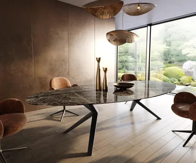 Produktbild von DELIFE Esstisch Edge Oval 315x150 Keramik Emperador Extra Lucidato Dunkelbraun Zenthara kantig Metall Schwarz