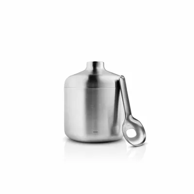 A silver ice bucket with a spoon on a white background.