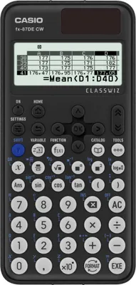 A black Casio fx-87DE CW calculator is shown from a front-facing, slightly angled view, displaying a spreadsheet and a formula on its screen.