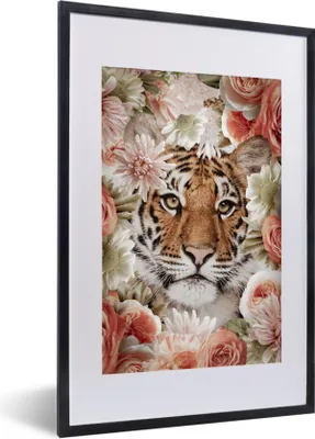 Produktbild von MuchoWow® MuchoWow® Gerahmtes Poster Tiger - Blumen - Porträt 40x60 cm - Poster mit zchwarzem Bilderrahmen - Poster in Rahmen