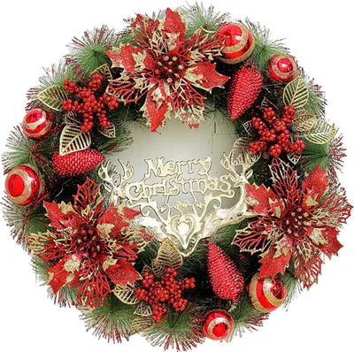 Produktbild von Weihnachtskranz für die Haustür, künstlicher Tannennadelkranz mit Kugeln, Schleifen, Blumen, „Frohe Weihnachten“, hängende Dekoration für Zuhause, Wand, Fenster, Veranda, Innen- und Außendekoration