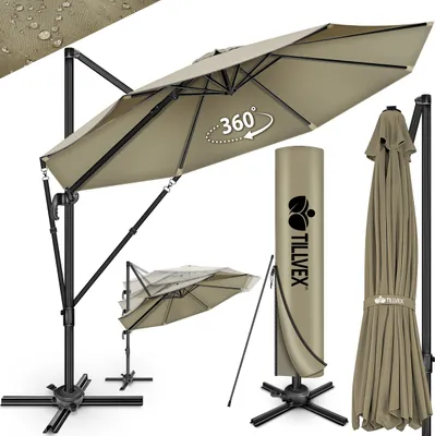 A collage of images showing a tan cantilever umbrella in various states and with its cover.