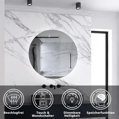 Produktbild von AICA LED Badspiegel Rund 60cm Wand/Touchschalter Beschlagfrei Kaltweiß Dimmbar Badspiegel mit Beleuchtung Badezimmerspiegel Lichtspiegel IP44