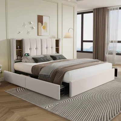 Image de OKWISH Lit Double 160x200 avec 4 Tiroirs et Charge Sans Fil, Lit Adulte Capitonné Moderne en Velours avec Ports USB Type-C - Sans Matelas - Beige