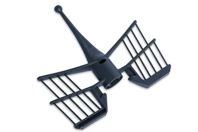 A black kitchen mixer attachment, specifically a whisk or beater, is shown against a white background.