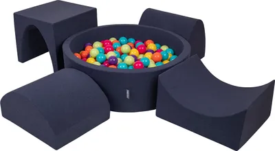 Produktbild von KiddyMoon spielplatz aus schaumstoff mit rund bällebad (300 bälle) ballgruben für babys spielbad hindernisläufen, hergestellt in der eu, dunkelblau:helgrün/gelb/türkis/orange/dpink/violet