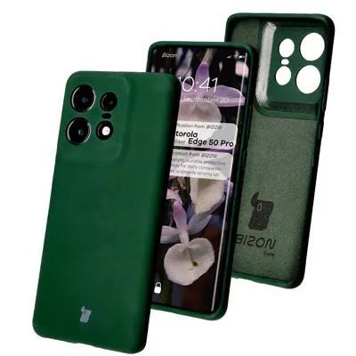 A dark green phone case is shown next to a smartphone and the inside of the case.