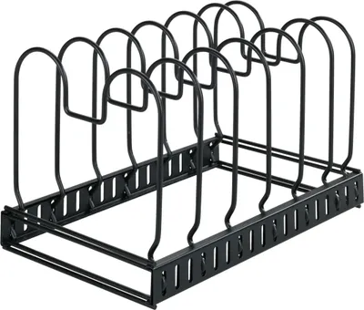 A black metal pot and pan organizer on a white background.