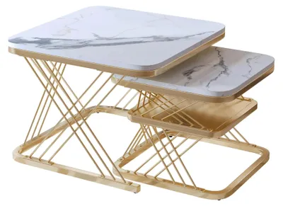 Produktbild von Couchtisch Set - Satztische - Stapelbar - Marmoroptik - Metallgestell - Beistelltische - Gold