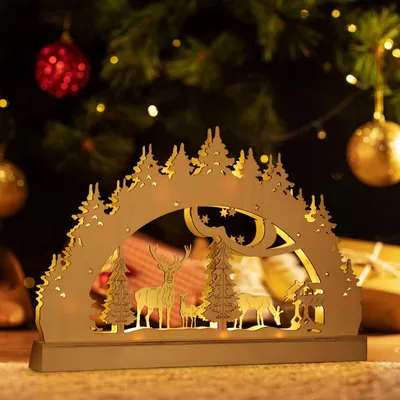 Productafbeelding van SALCAR LED-lichtboog "Winterdorp", 40 x 27 cm, 10 LED's, warm wit licht, op batterijen, kerstdecoratie, decoratie voor op tafel, kerstverlichting