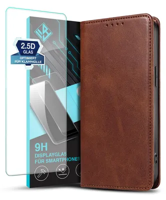 Produktbild von Handyhülle für Apple iPhone 16 mit 9H Displayglas Kunstleder Flip Cover Hülle Klapphülle Case Kartenfach Farbe: Dunkelbraun