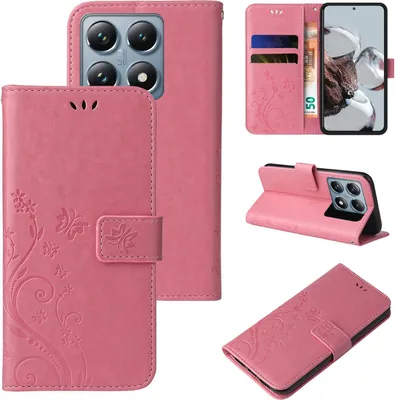Produktbild von Handyhülle für Xiaomi 14T Pro Floral Blumen Schmetterling Flip Cover Hülle Case Klapphülle Handytasche Farbe: Rosegold