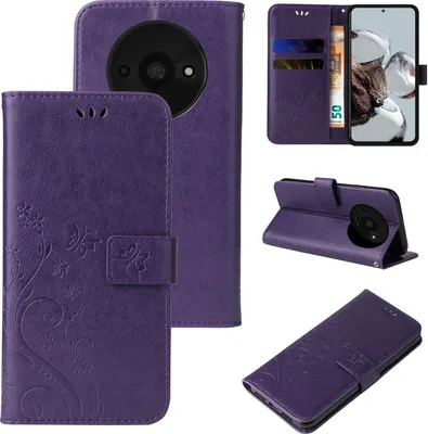A collage of images showing a purple floral and butterfly embossed flip phone case for a Xiaomi Redmi A3.