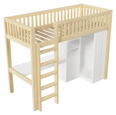Immagine prodotto di Letto a castello con scrivania e armadio - Letto combinato per bambini - 140 x 200 cm - In legno di pino - 3 cassetti e spazio contenitivo - Scala e protezione anticaduta - Senza materasso - Finitura in legno