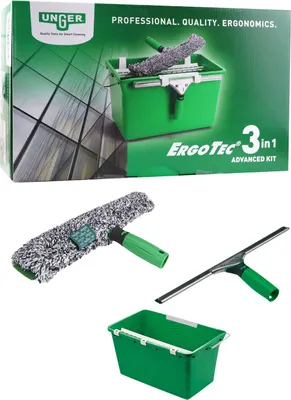 A product box for a window cleaning kit, with the kit's components displayed below.