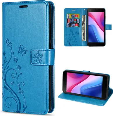 Collage of a blue flip phone case with floral and butterfly embossing, showing the case open with a phone inside, and the phone standing up using the case.
