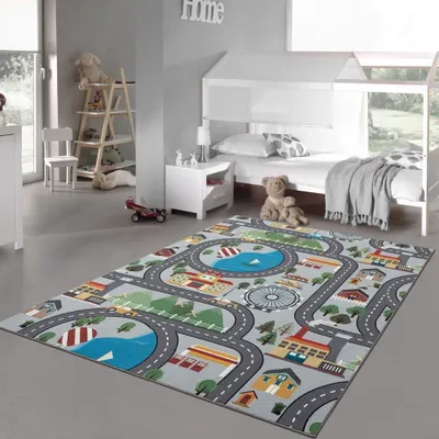Produktbild von Kinder Spielteppich mit Stadtlandschaft auf Hintergrund in grau Größe - 100 x 200 cm