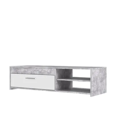 A modern TV stand with a concrete-like finish and a white drawer.