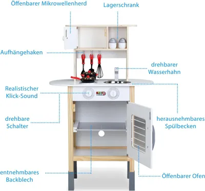 Produktbild von Spielküchenset aus Holz mit 35 Zubehörteilen, höhenverstellbar