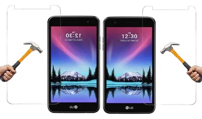 Two smartphones with screen protectors are shown, with hammers attempting to break the screen protectors.