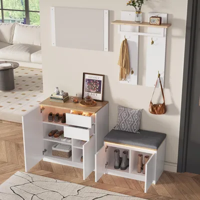 Produktbild von STILVORA Garderoben-Set mit Spiegel und Kleiderstange, Flurmöbel mit Schuhschrank und Schuhbank, Flurgarderobe mit Haken für Diele