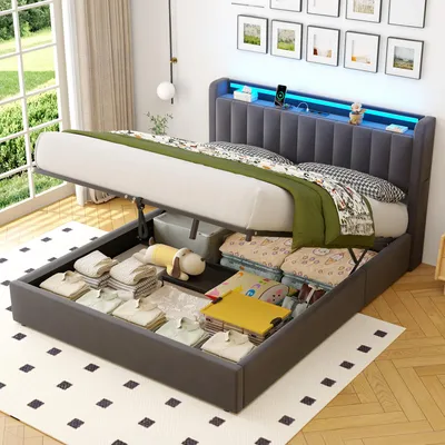 Produktbild von okwish Polsterbett 160×200 Hydraulisches Doppelbett mit LED und USB,Stauraum-Kopfteil,Jugendbett,Boxspringbett mit Steckdosen, Grau,ohne Matratze