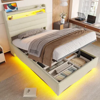 Produktbild von Flieks Hydraulisches Polsterbett 90x200cm mit USB und Type-c, Boxspringbett Einzelbett mit Led, Jugendbett Stauraumbett Leinen, Beige