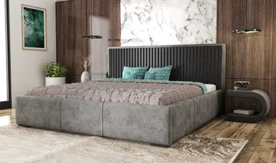Produktbild von AGMAT Polsterbett WOOD mit Kopfteil, 180 x 200 cm, Doppelbett mit Bettkasten und Lattenrost aus Metall, Velourstoff: Grau
