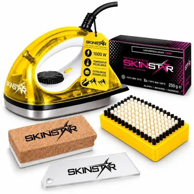 Produktbild von SkinStar Skiwachs Pflege Set 5-teilig Wachsbügeleisen Universalwachs Bürste gelb
