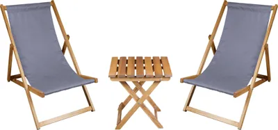 Two grey deck chairs and a small wooden table are arranged on a white background.