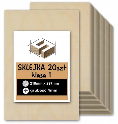 Zdjęcie produktu dla Sklejka brzozowa, formatki prostokątne do cięcia laserem i grawerowania – CNC, modelarstwo, pirografia, decoupage, malowanie, dekoracje i rękodzieło DIY – klasa 1 – A4, 21 × 29,7 cm (210 × 297 mm) – 4 mm – 20 szt.