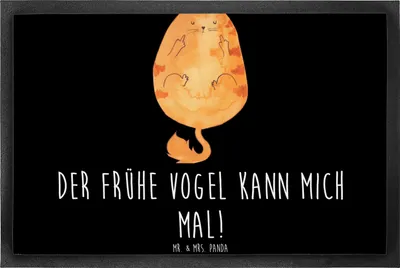 Produktbild von Mr. & Mrs. Panda Gummimatte Katze Frühaufsteher 50 x 75 cm - Schwarz - Geschenk, Mittelfinger, Fußabtreter, Tiger, Fußabstreifer, fußmatte, Verschlafen, Katzen, Genervt