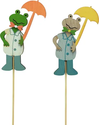 Produktbild von Frosch mit Regenschirm Blumenstecker Holz 8,5cm 12er Set Deko Gartenstecker, 12 Stück